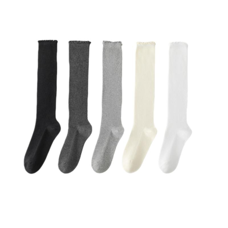 Dui Dui Socks, Double-needle Calf Socks, Women's Autumn and Winter Black Ear-trimmed Cotton Socks, Long Stockings, Boots, Lace Socks
