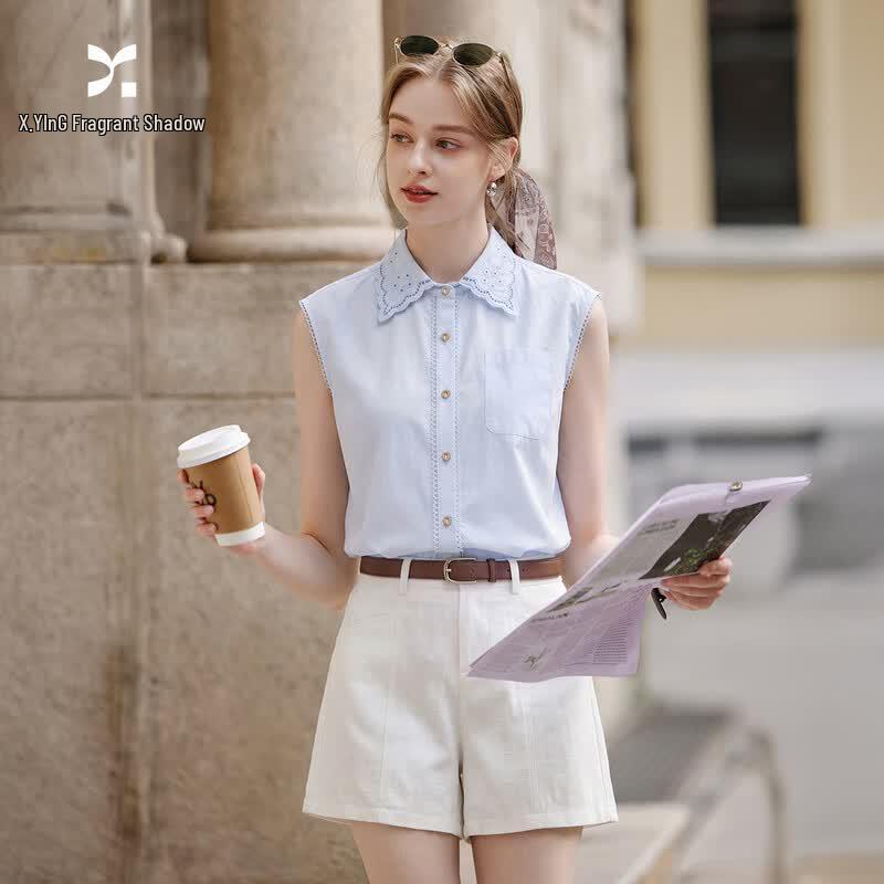 Xiangying French Style Sleeveless Embroidered Blue Shirt XL