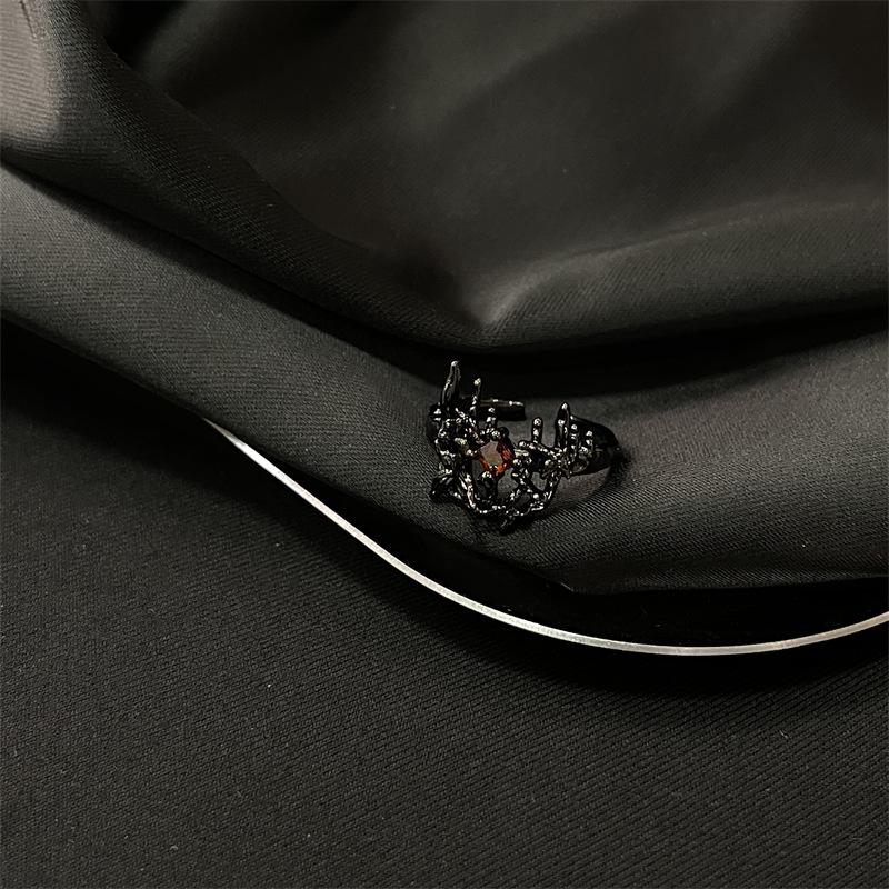 Dark Lava Texture Ruby Ring Women'S Niche Design High Sense Unique Trendy Cool Opening Adjustable Index Finger Ring