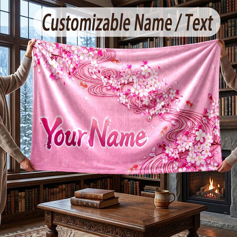 Floral Garden Theme Throw Blanket Custom Name Text Personalized Blanket Soft Cozy Blanket for Home Sofa Bed