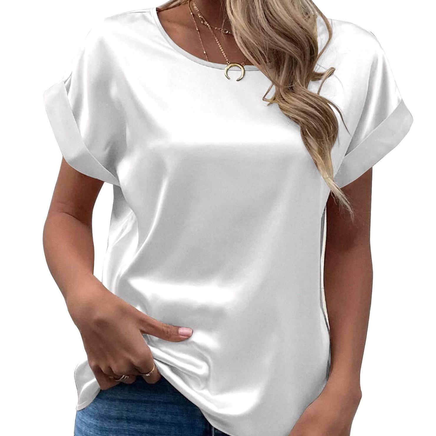 

Весенне-летняя новая женская атласная рубашка с короткими рукавами, свободная и повседневная цветная футболка с круглым вырезом для женщин L белый