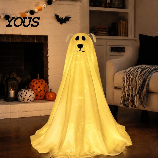 Lighted Ghost Dog for Entryway Halloween Decoration, Battery Operated Freestanding Spooky Cute Figurine with Remote And String Light Front Door,