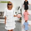 Fashion Summer Spring Solid Color Print Short Sleeve O-Neck Casual Dresses International Design