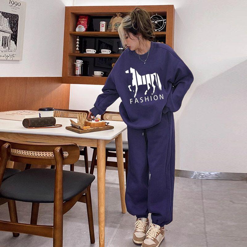 

Trendy Fashion Velvet Padded Thickened Autumn and Winter High Street Sweatpants [Thin blue] SY11 Sweatshirt + pants S