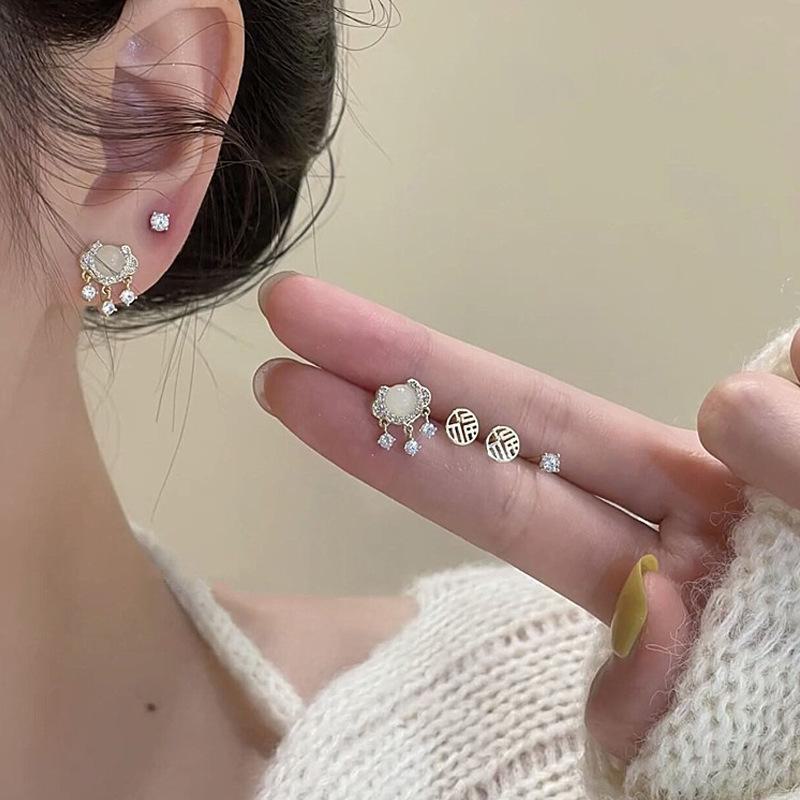 Elegant Zircon Peace Lock Earrings Set: Shiny Chinese Style for Women, Comfortable Enough To Wear While Sleeping