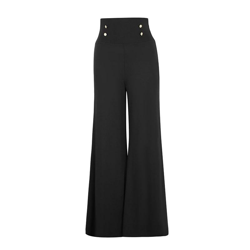 New Women's High Waist Black Straight Wide Leg Pants, Polyester Blend Patchwork Lightweight Trousers for Office & Street Fashion