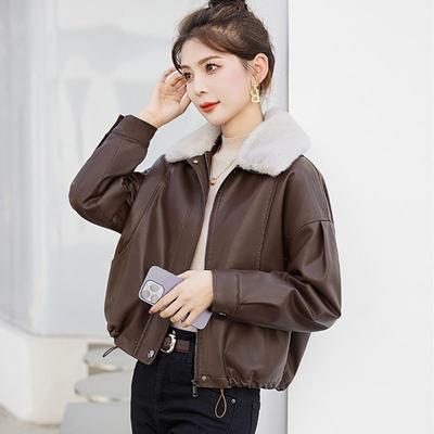 Women's Winter Short PU Leather Jacket Thicken Loose Fit Warm with Fleece Coat