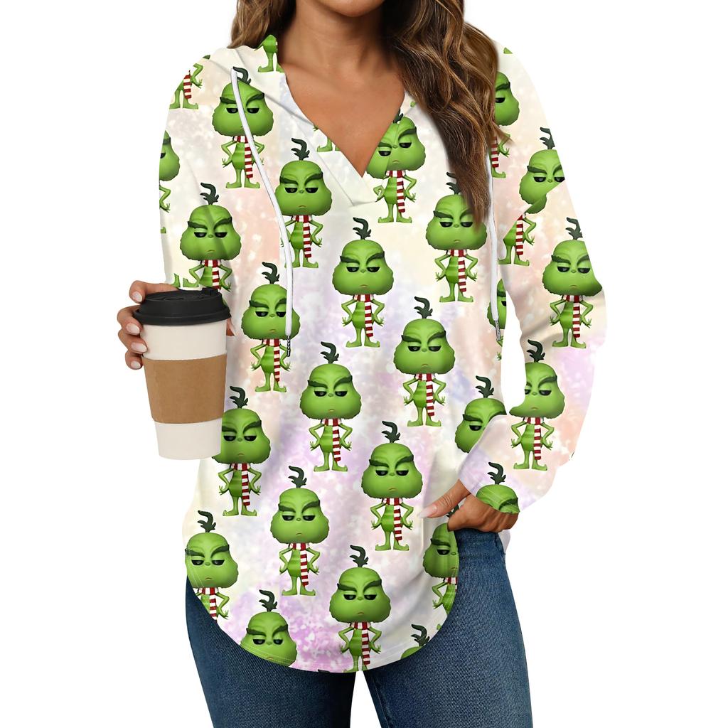 Women's Fashion Hoodies V Neck Long Sleeve Christmas Printed Drawstring Casual Loose Pullover Tops