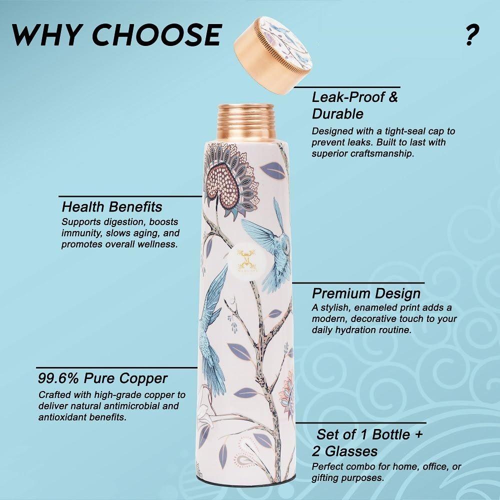 Reine Kupferwasserflasche 900 ml mit Glas-Set Beste Tamba im gedruckten Design (900 ml 2x 300 ml)