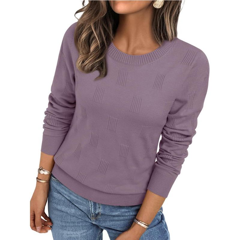 Women S Casual Knitted Pullover Sweater Round Neck Long Sleeve Solid Color