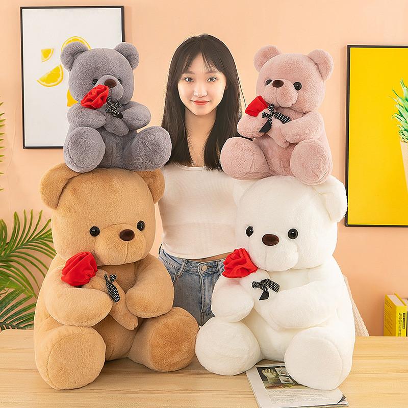 Plush Teddy Bear Toy With Rose Design For Birthday Gift For Teens And Adults
