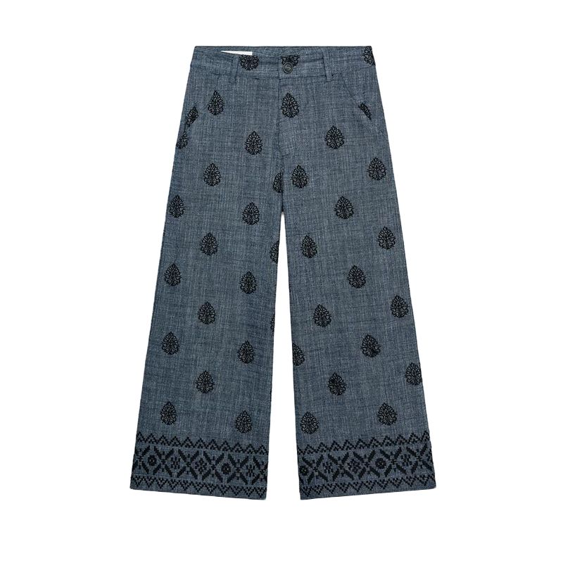 Cotton Spherical Embroidered round Neck Long sleeve Top 8351021 High Waist Wide Leg Casual Trousers 8351022