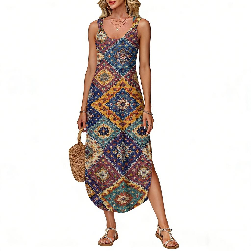 Women's Summer Long Dress, Sleeveless With Side Slits, Long Retro Printed Camisole Dress