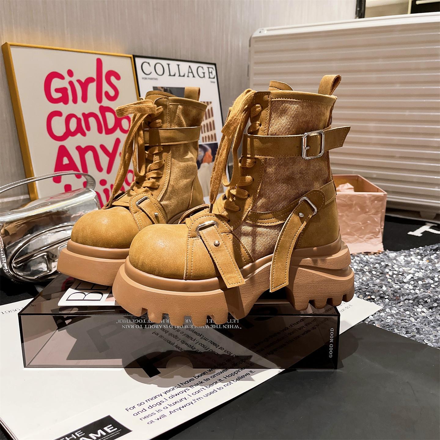 

Martin boots female ins super hot big head denim belt buckle handsome short boots thick-soled muffin locomotive boots rhubarb boots 35 жёлтый