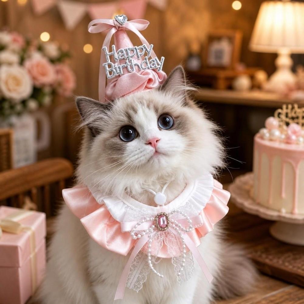 Rhinestone Pet Birthday Hat Scarf Set Cute Cat Princess Hat Pet Birthday Party