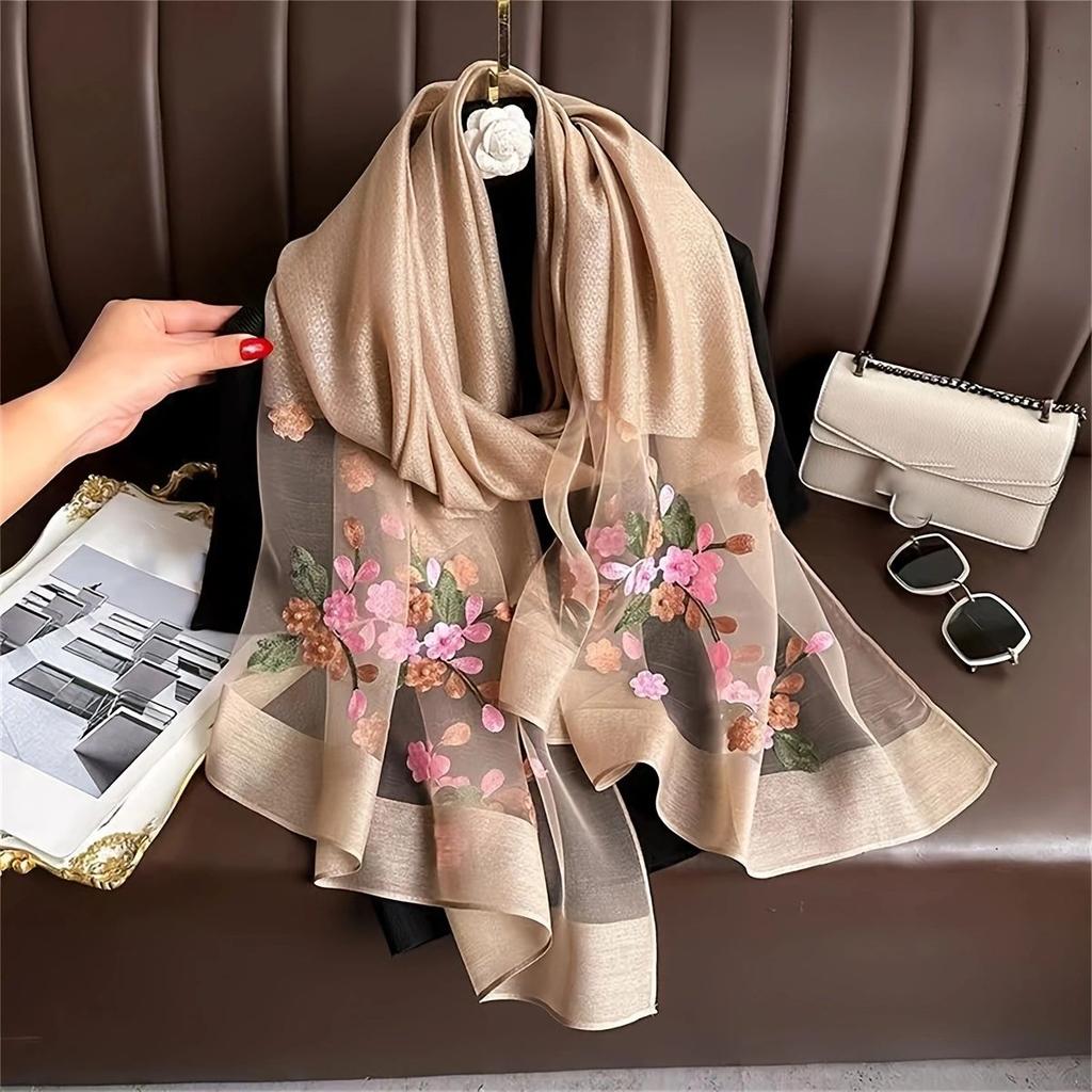 1 PCS Spring and Autumn New Nail Bead Silk Scarf Women's Elegant and Versatile Embroidered Begonia Flower Long Scarf Summer Scar