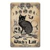 Vintage Halloween Black Cat Metal Tin Sign  Gothic Witchs Lair Wall Art with Skull Crystal Ball  Broomstick Design   Iron