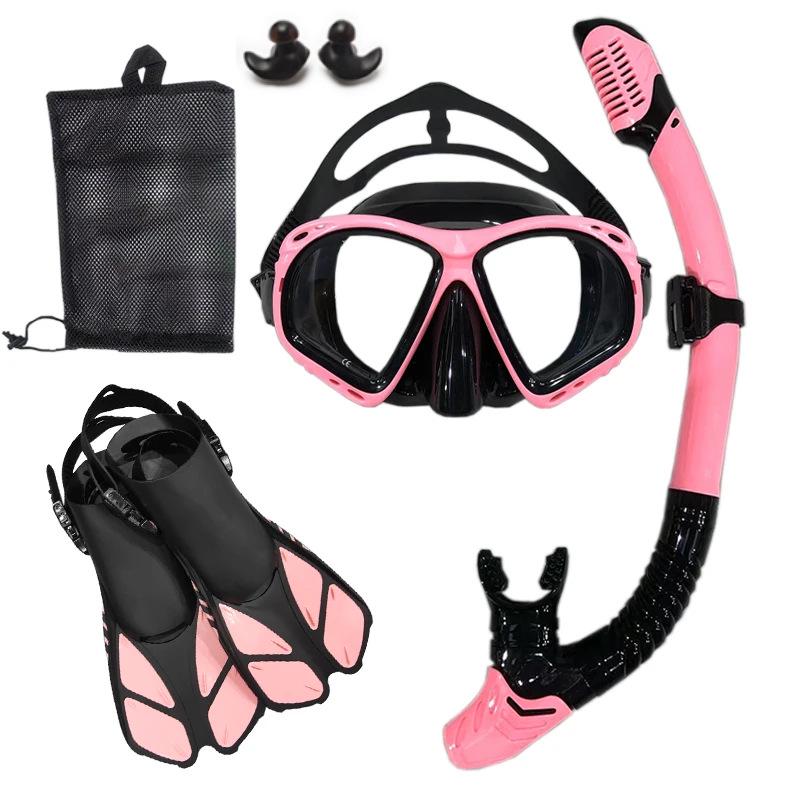 Adult Snorkeling Set: Tempered Glass Diving Mask, Full Dry Snorkel, Fins - Three-Piece Kit