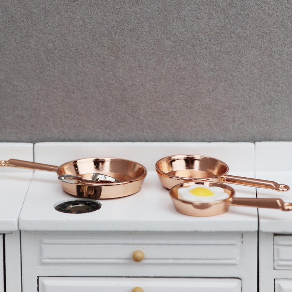 Set Of 3 Miniature Frying Pans For 1/12 Scale Dollhouse Kitchen Display Accessory Craft Project Model Decoration