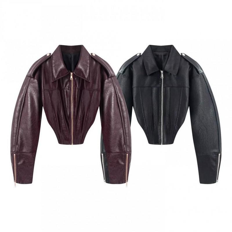 Womens Short PU Leather Jacket With Collar Long Sleeve Streetwear Chic Casual Coat