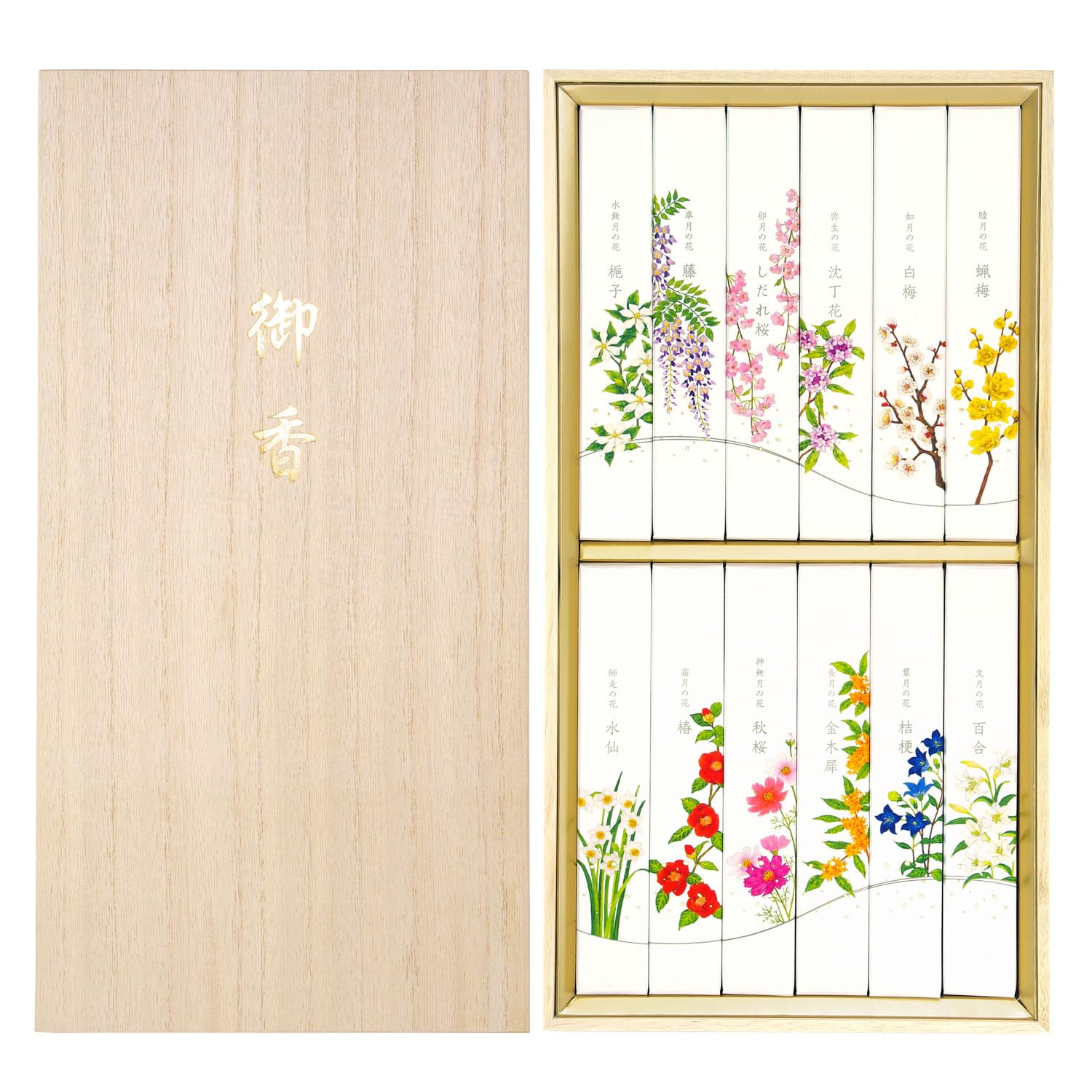 

Kameyama Meiko Tsuki no Hana (Tsuki no Hana) - 12-Flavor Floral Scent Assortment in Paulownia Wood Box, Perfect as a Gift or Gift