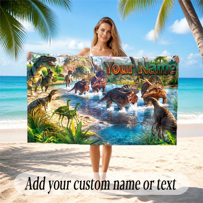 Dinosaur Theme Quick Dry Beach Towel Custom Name Text Print Large Sand Resistant Towel Beach Vacation