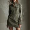 European and American Retro Army Green Stand-up Collar Tooling Dress Sleeves Floral Embroidery Waist Suede Short Skirt