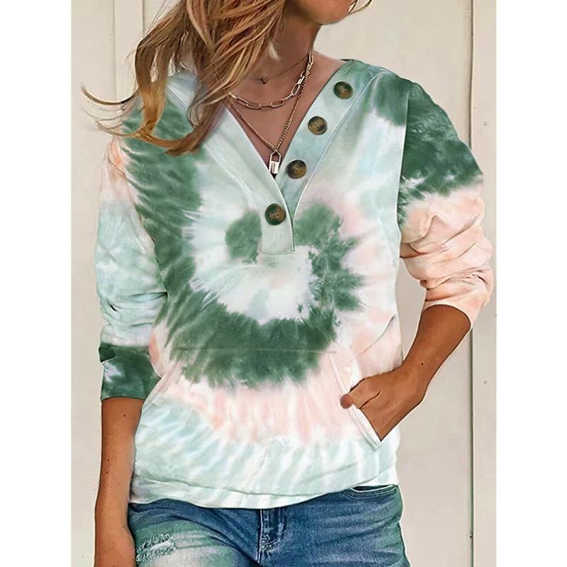 

VEZFAA Женская мода Повседневная весна-осень Цветные блоки Принт Длинные рукава V-образный вырез Блузки и рубашки L зелёный