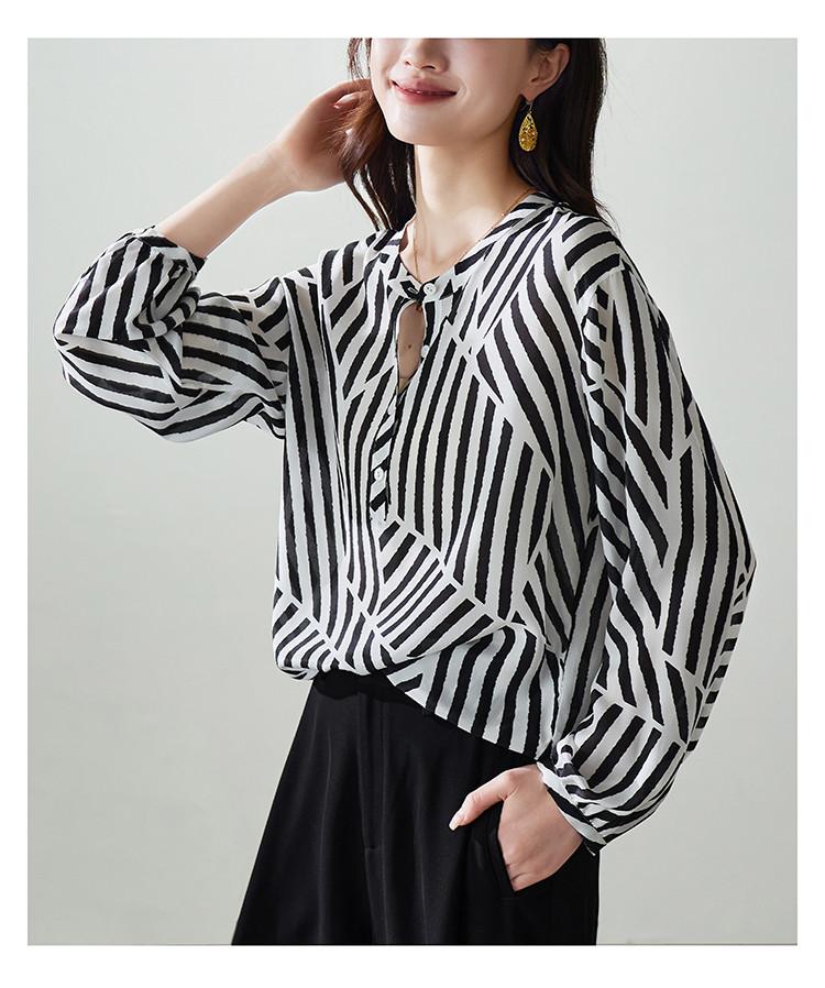 100% mulberry silk striped printed shirt for women's 2026 spring commuting versatile round neck long sleeved silk top