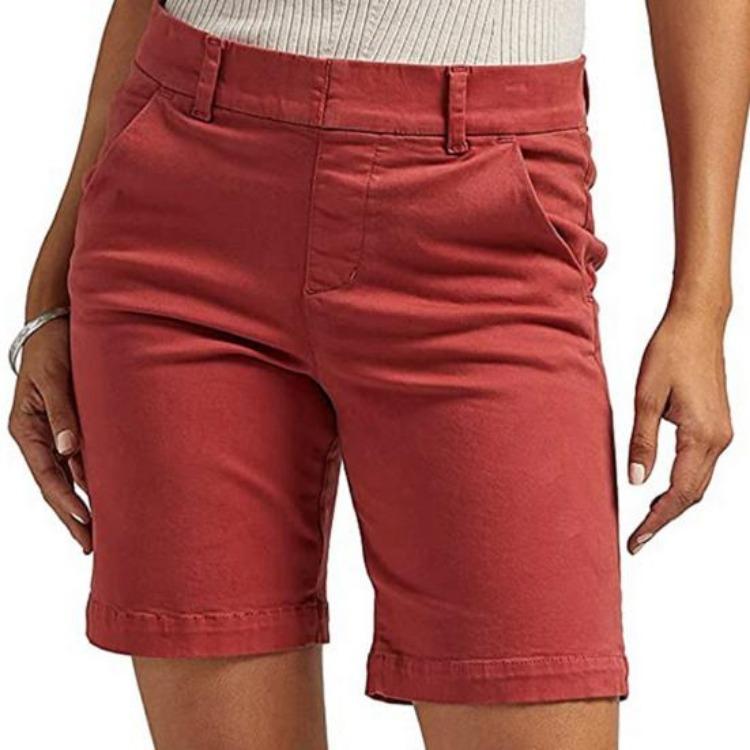 

High Waist Summer Shorts for Women Slim Fit Straight Knee Length Pants Casual Daily Wear Sport Solid Color with Pockets XXL кирпич красный