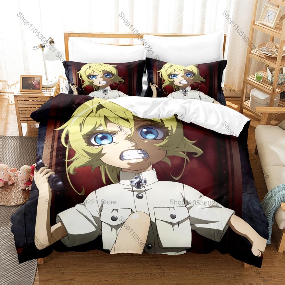 Cool The Saga Of Tanya The Evil 3Pcs Bedding Set Anime Figure Print Duvet Cover Household Goods Home Bedroom Decor Kawaii Kawaii