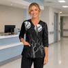 Womens V Neck Halloween Print Medical Scrub Top with Three Quarter Sleeves Side Slits and Front Pocket Nursing Uniform Shirt