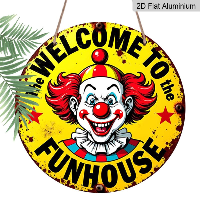 2D Flat, 1pc Waterproof Round Aluminum "Welcome To the Funhouse" Creepy Clown Retro Metal Plaque, Distressed Evil Carnival Clown Print, Rust-Proof