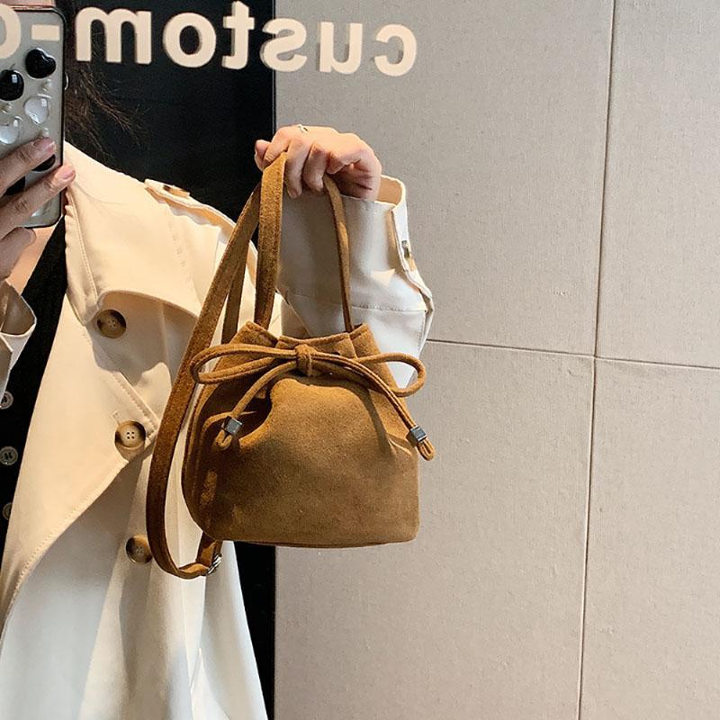 Bow Design Suede Crossbody Bag Autumn Winter Women New Vintage Brown Simple Mini Bucket Bag Soft Leather Drawstring Phone Bag