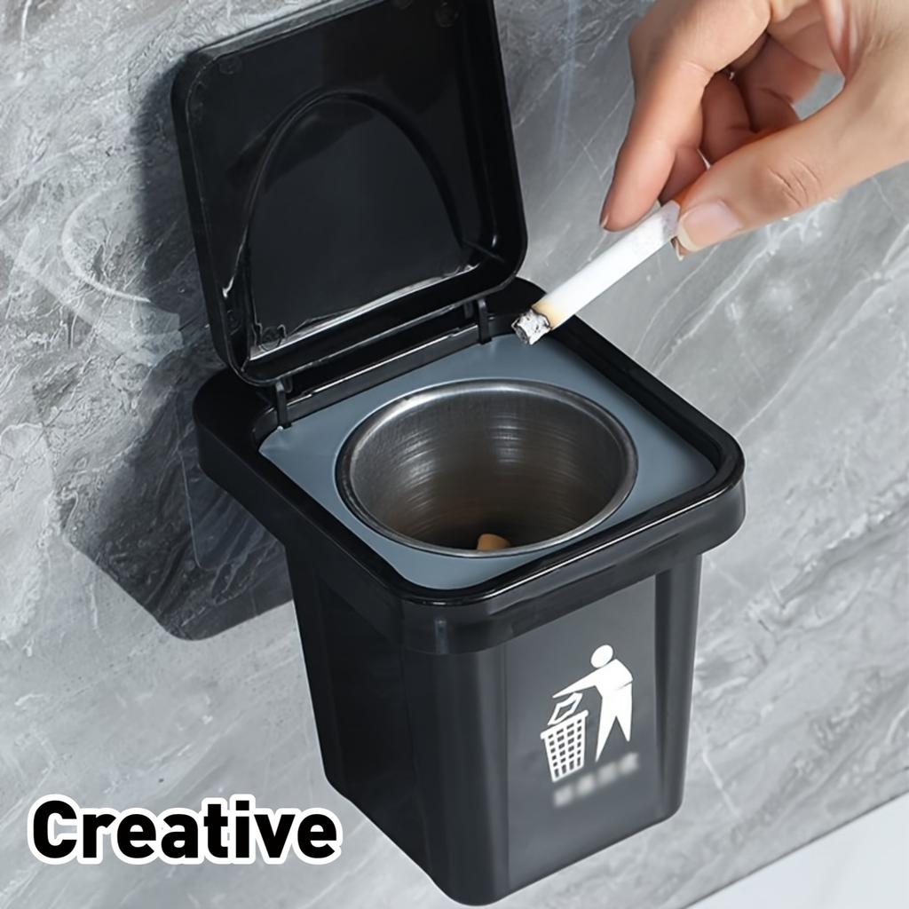 Trash Can Ashtray With Lid Stainless Steel Ashtray Bathroom Wall Hanging Notch Anti-fly Ash Ashtray