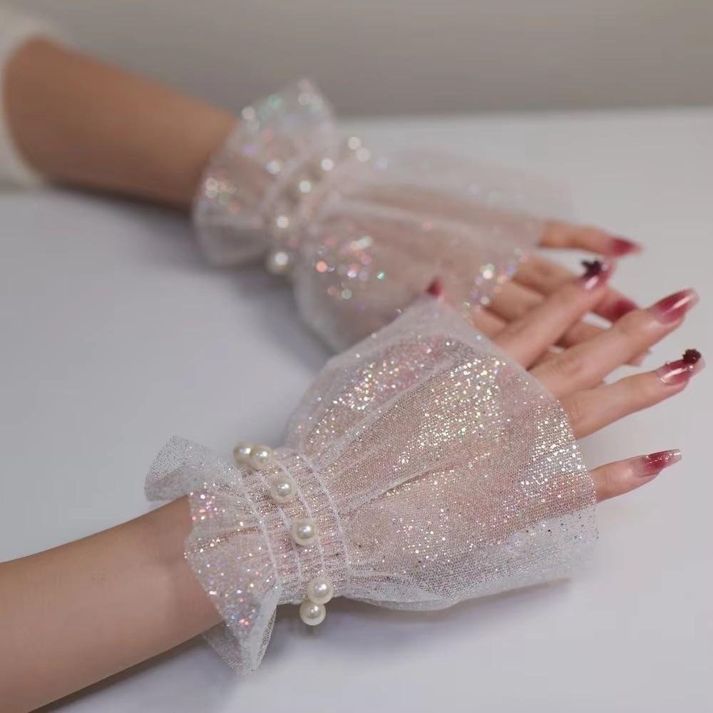 Detachable Fake Wrist Cuff Pearl Tulle False Sleeve Cuffs  Manicure Photography