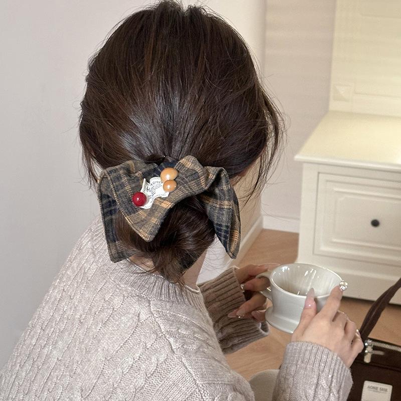 1pcs College Style Red Checkered Square Scarf with Large Intestine Headband, Women's Meatball Head Low Ponytail Square Headband Accessory.