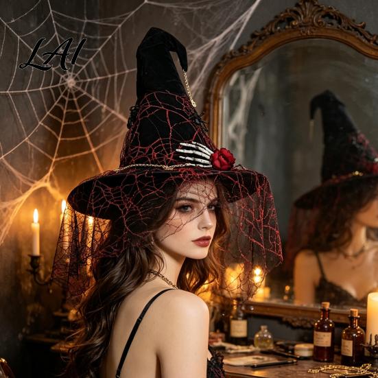 Unique Holiday Party Decor Punk Skeleton Hand Witch Hat with Spider And Veil Black Large Indoor Outdoor Festive Wizard Costume Accessory for Adults,