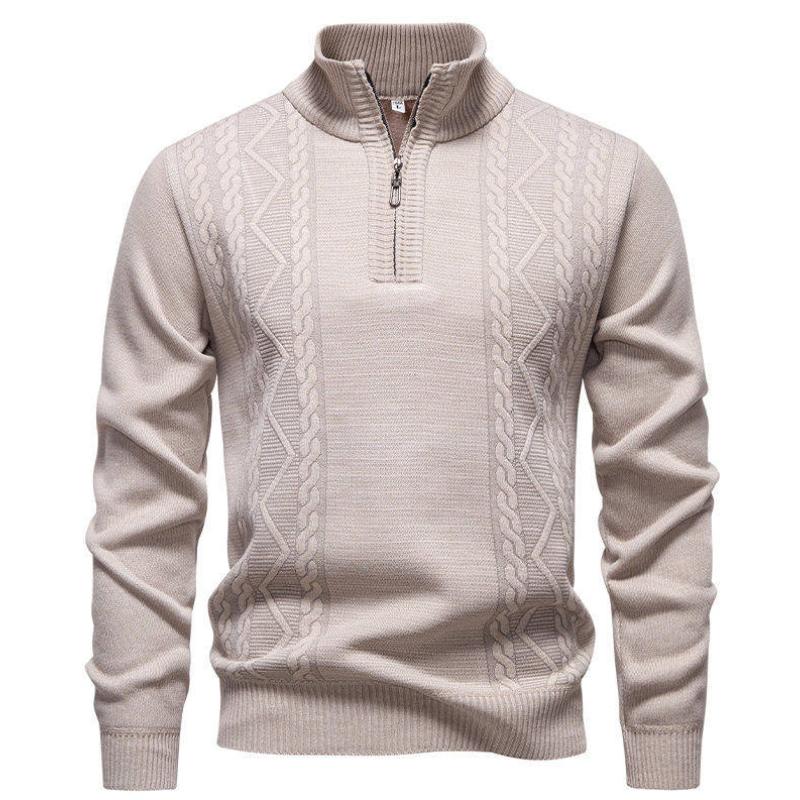 Men Fleece Lined Jacquard Sweater Autumn Winter New Stand Collar Pullover Zip Mock Neck Casual Loose Soft Knit Top