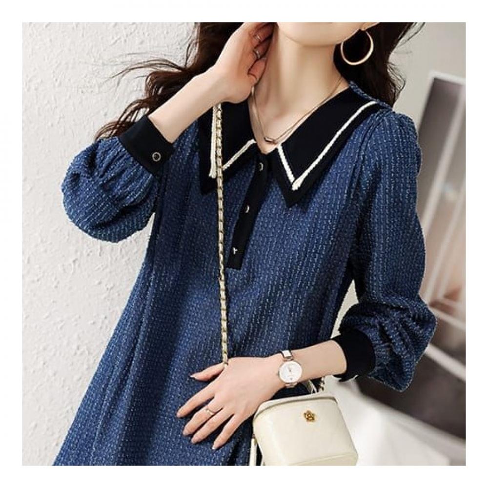 Navava Long Sleeve Dress Romantic Retro Collar Denim No710
