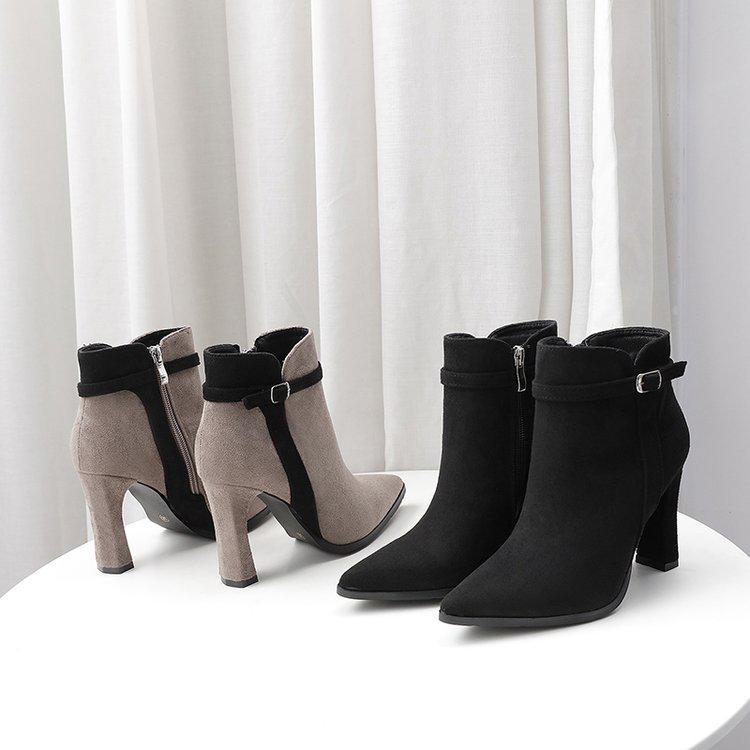 Nowe buty damskie zamszowe spiczaste krótkie buty gruby obcas klamra do paska szpilki modne buty