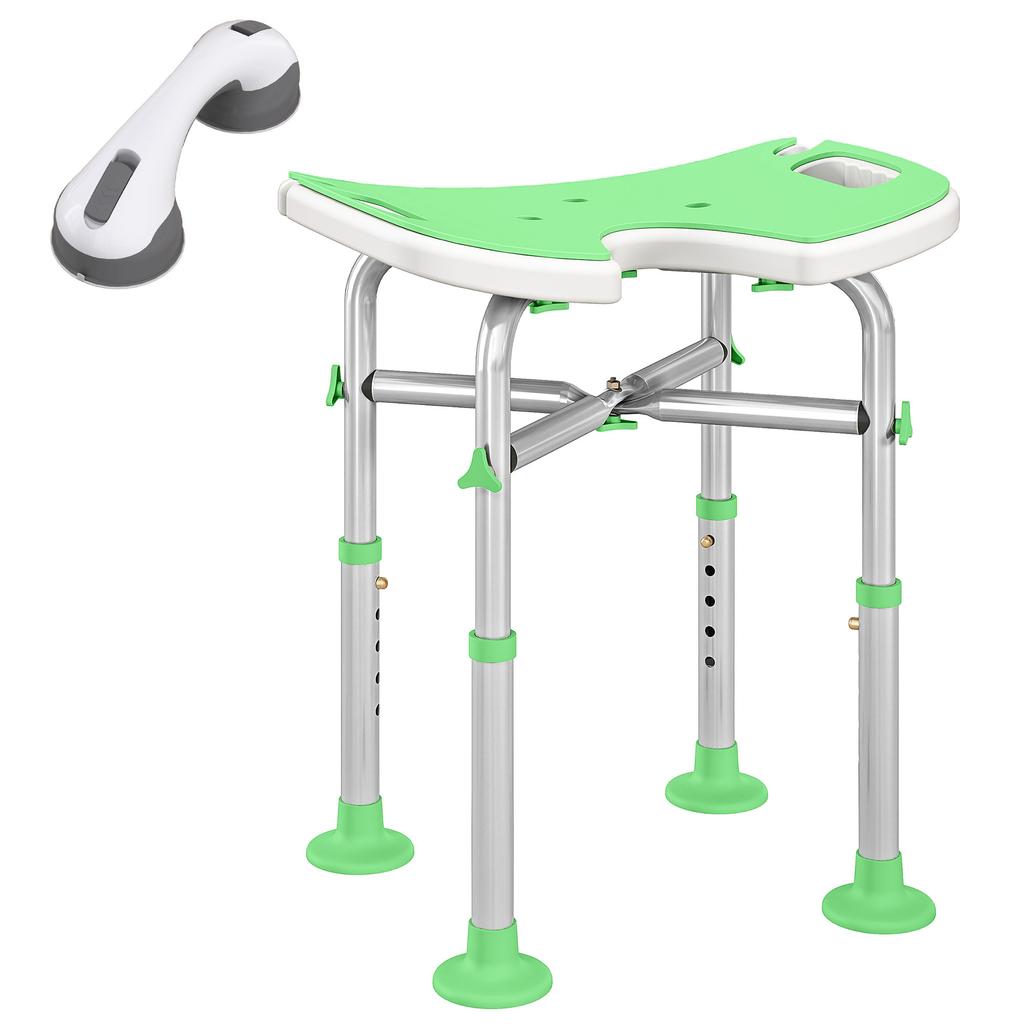 Shower Stool, Adjustable Height 39-51.5 cm, Suction Cup Support Bar, Suction Cup Pads, Green