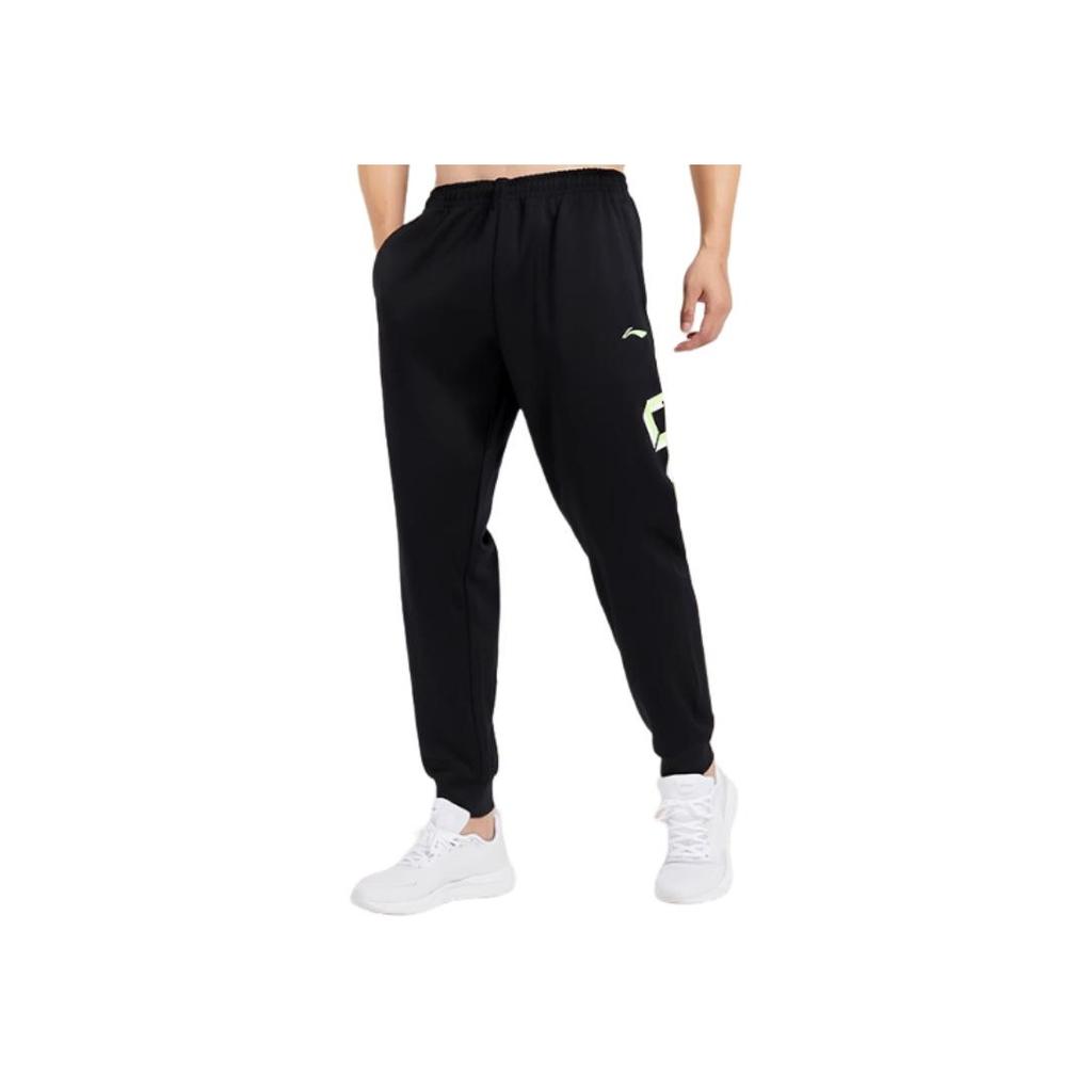Li-Ning Sports Fashion Series Letter Print Drawstring Cuffed Mid-Waist Knitted Sports Pants Men bottoms Standard-Black YKLU275-3