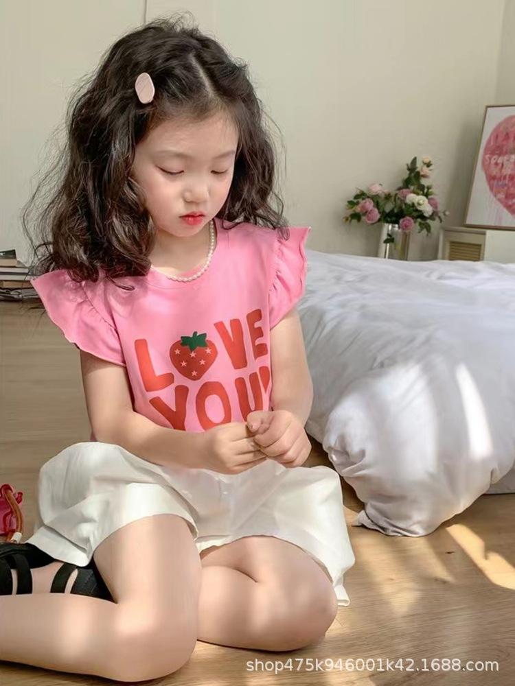 Girls Sweet Flutter Sleeve T Shirt Summer Pure Cotton Short Sleeve Top Cute Kids Casual Tee 90