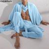 INCERUN 2PCS Sets Mens See Through Long Sleeve Open Front Tops Harem Pants Beach Home Outfits