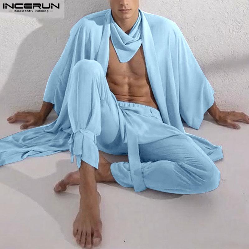 INCERUN 2PCS Sets Mens See Through Long Sleeve Open Front Tops Harem Pants Beach Home Outfits