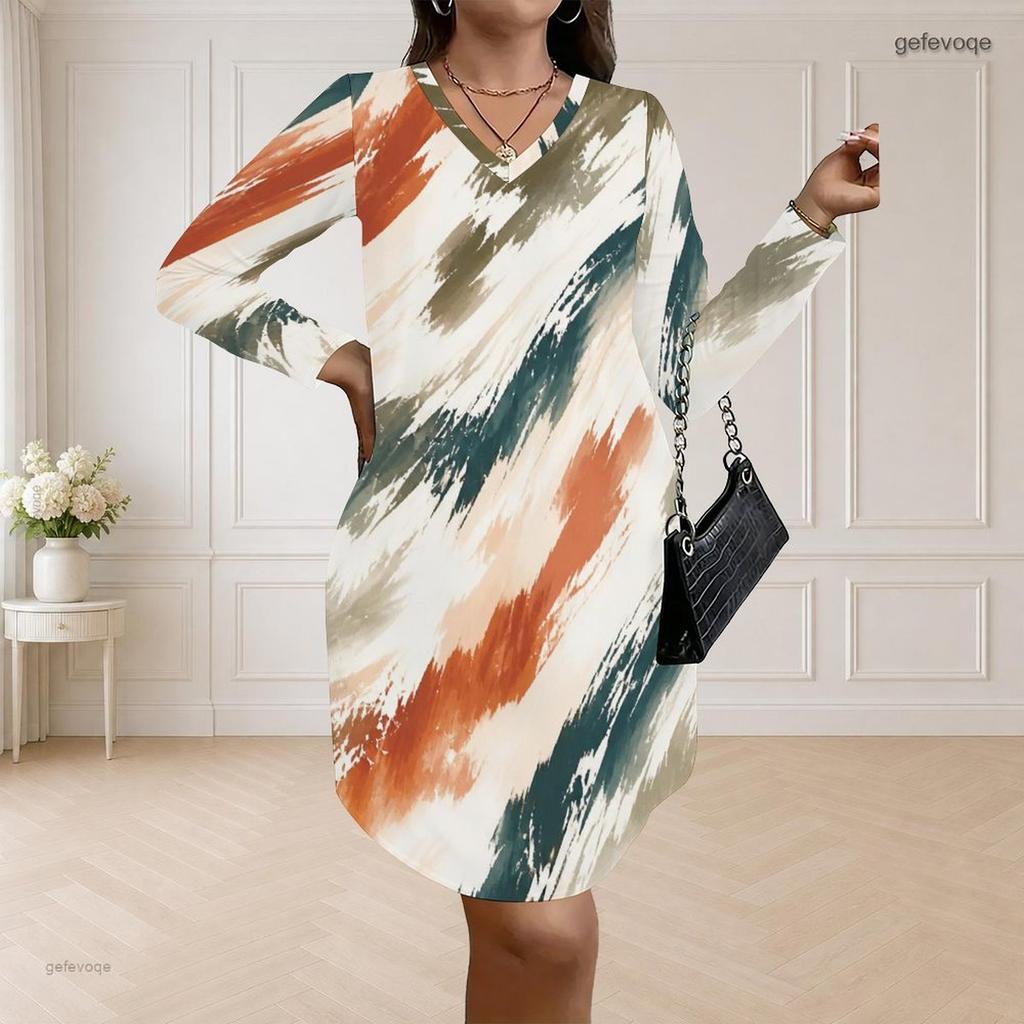 Women Plus Size V Neck Long Sleeve Printed Loose Fit Curved Hem Dress