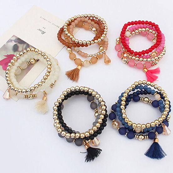 4Pcs/Set Women Ethnic Multilayer Resin Beads Tassels Cuff Bracelets Fashion Jewelry