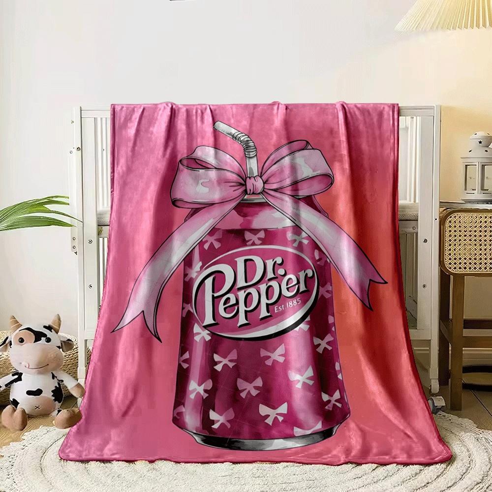 Pink bows pattern decorates a Dr Pepper can with ribbon and a straw. for all seasons blanket lunch break throw gift 80cm x 120cm