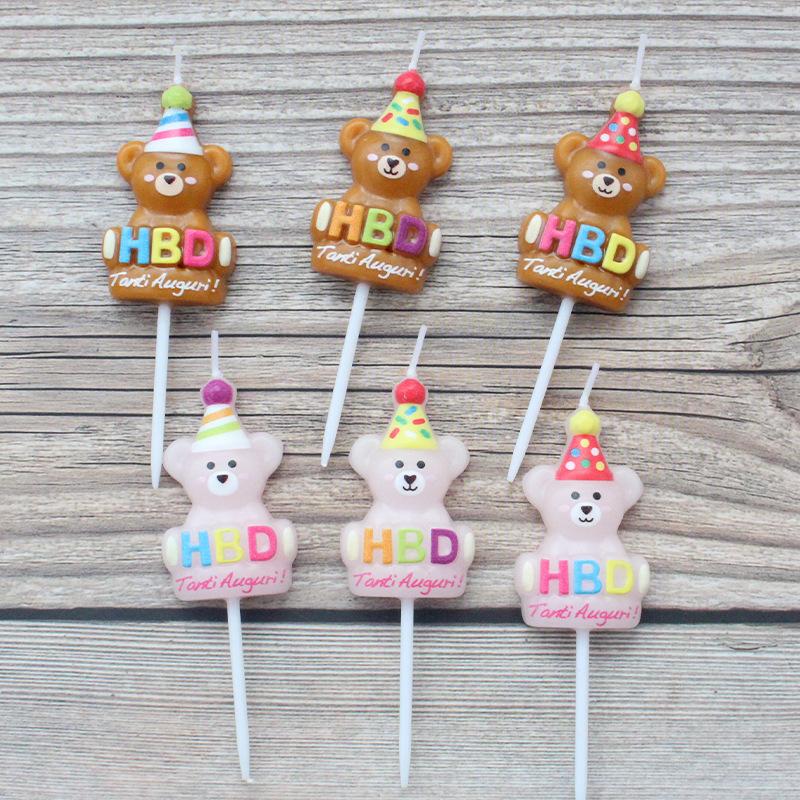 Cartoon 3 Little Bear Birthday Candles HBD Brown Cute Party Hat Little Bear Children's Cake Candle Decoration